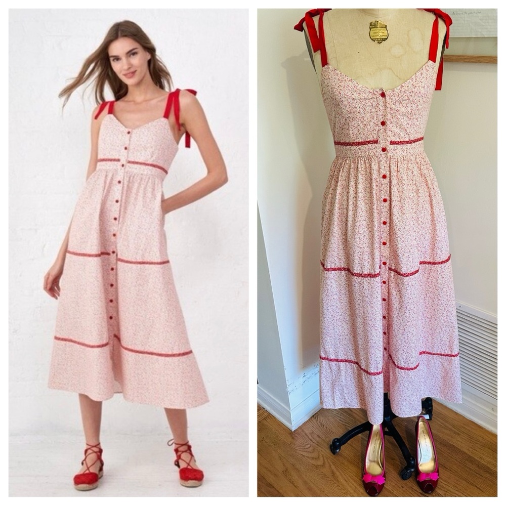 LA LIGNE Kate Floral Midi Dress w/ Red Shoulder Ties & Buttons, Sz Small, NWOT